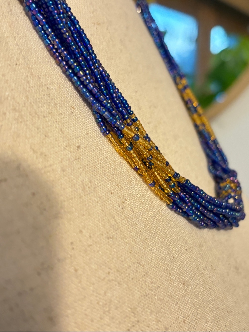 Vintage Cobalt Blue Gold Multi Strand Seed Bead Necklace Boho Statement Woven - Picture 5 of 10
